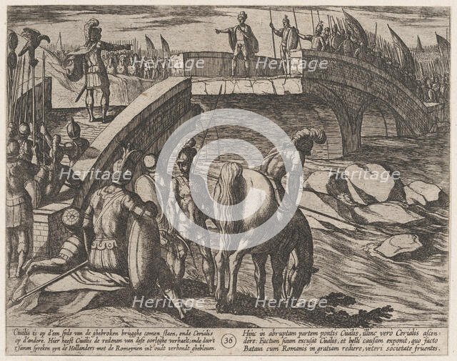 Plate 36: Civilis and Cerialis Meet on a Broken Bridge to Reach an Accord, from The War of..., 1611. Creator: Antonio Tempesta.