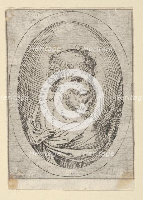 Saint Simon seen from behind, turning to the right and holding a saw, in an oval frame, 1600-1640. Creator: Anon.