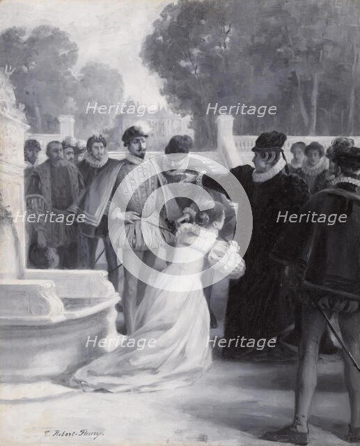 Amy Robsart at the foot of the queen, between 1890 and 1891. Creator: Tony Robert-Fleury.