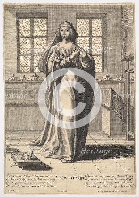 Dialectic: a young woman standing in a decorated interior and touching her right index ..., 1633-35. Creator: Gilles Rousselet.