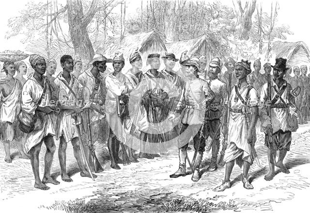 The Ashantee War: inspecting Kossohs at Prah-Su, from a sketch by our special artist, 1874. Creator: Unknown.