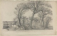 Landscape with Trees, Cottage, and Farm Wagon, c. 1858. Creator: Eugene Louis Boudin.