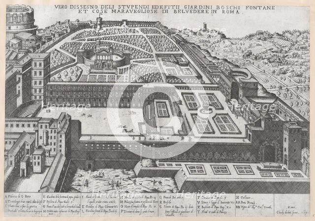 Speculum Romanae Magnificentiae: Aerial View of the Belvedere and its Gardens, 1579., 1579. Creator: Attributed to Giovanni Ambrogio Brambilla.