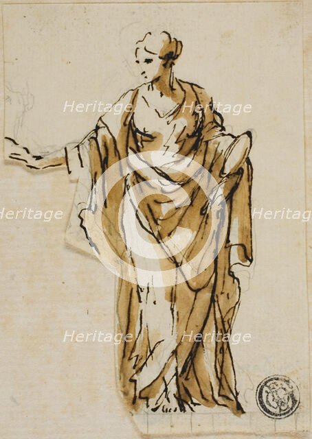 Standing Female Figure with Right Hand Raised, n.d. Creators: John Michael Rysbrack, Sir James Thornhill.