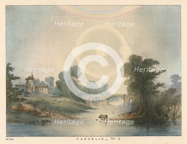 Parhelia (mock suns) combined with a halo and rainbow, 1721 (1845). Artist: Unknown