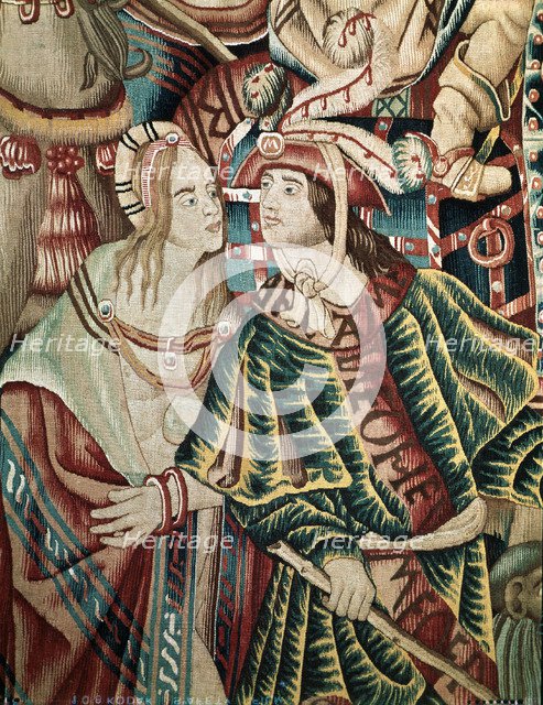  'A Portuguese man and an Indian woman'. Detail of a Flemish tapestry from Tournai, it's part of …