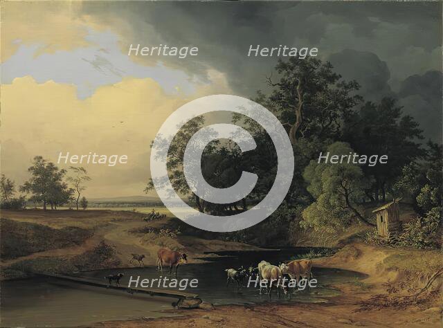 Meadow landscape in the evening atmosphere, 1847. Creator: Josef Feid.