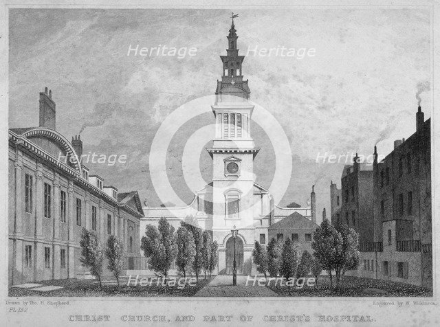 West view of Christ Church, Newgate Street, with part of Christ's Hospital, City of London, 1830. Artist: WS Wilkinson
