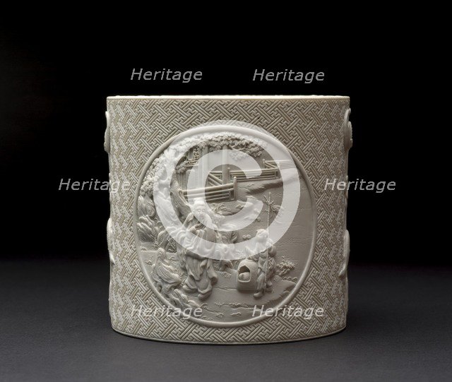 Brush pot with figures in high relief, Qing Dynasty, Qianlong Period (1736-1795). Artist: Unknown.