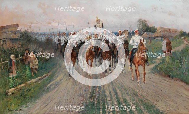 A band goes through the village. Creator: Voroshilov, Sergey Semyonovich (before 1865-after 1911).