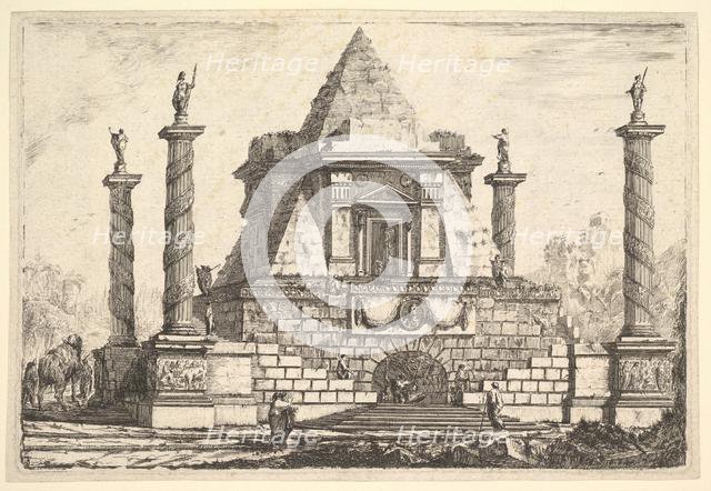 Imaginary Architecture with Camel and Figures, after Della Bella, 18th century. Creator: Pierre Moreau.