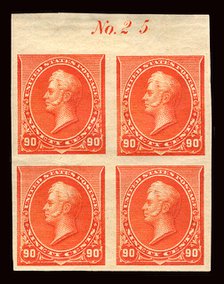 90c Commodore Oliver Hazard Perry proof plate block of four, February 22, 1890. Creator: American Bank Note Company.