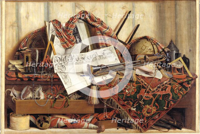 Trompe l'Oeil with Trumpet, Celestial Globe and Proclamation by Frederik III, 1670. Creator: Gijsbrechts, Cornelis Norbertus (before 1657-after 1675).