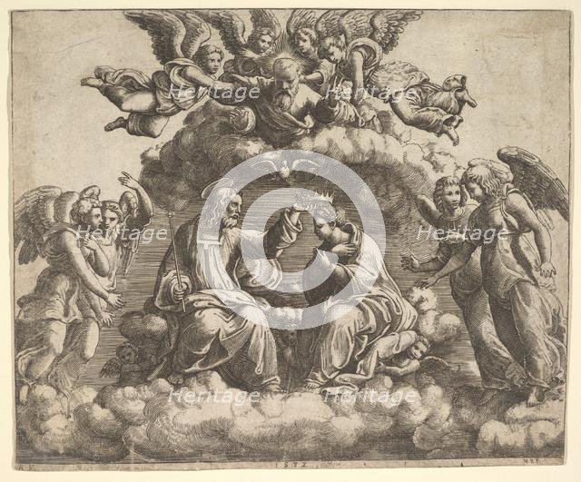 The coronation of the Virgin, Christ holding the crown over her head, God the Father bless..., 1532. Creator: Master of the Die.