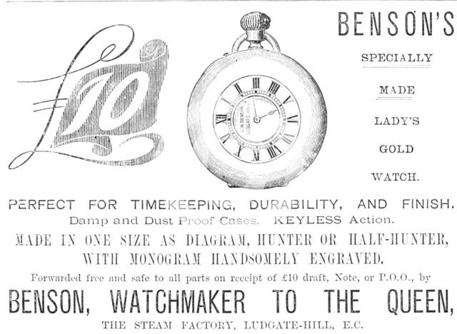 Advertisement for Benson's watches, 1883. Creator: Unknown.