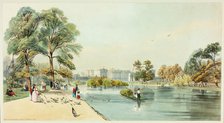 Buckingham Palace from St.James Park, plate eleven from Original Views of London as It Is, 1842. Creator: Thomas Shotter Boys.