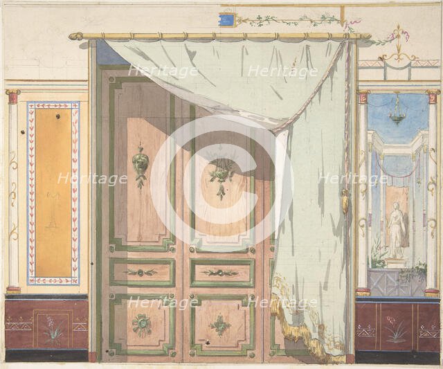 Pompeiian Design for Doorway and Wall with Curtain (possibly for Deepdene..., second half 19th cent. Creators: Jules-Edmond-Charles Lachaise, Eugène-Pierre Gourdet.