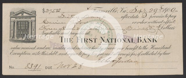 Bill of exchange between Carrie Jordan and Nelson Jordan, September 29, 1909. Creator: Unknown.