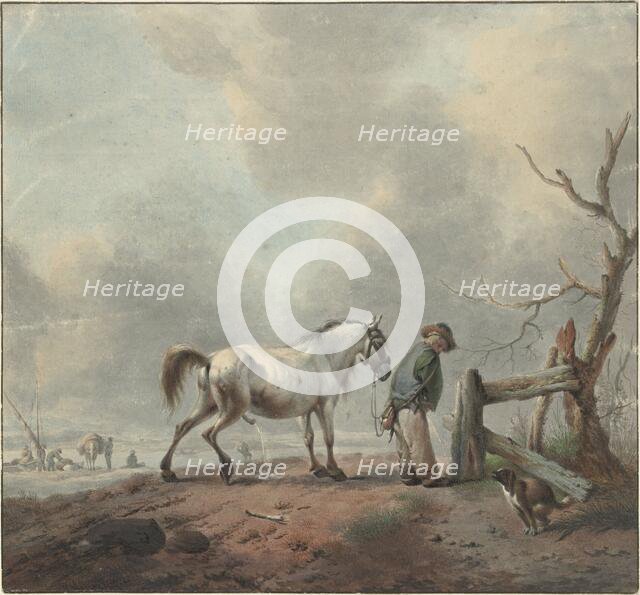 Landscape with pissing man, horse and dog, 1759. Creator: Jan Augustini.