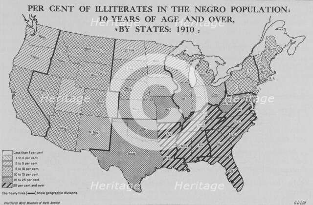 Per cent of illiterates in the Negro population; 10 years of age and over, by States; 1910, 1920. Creator: Unknown.