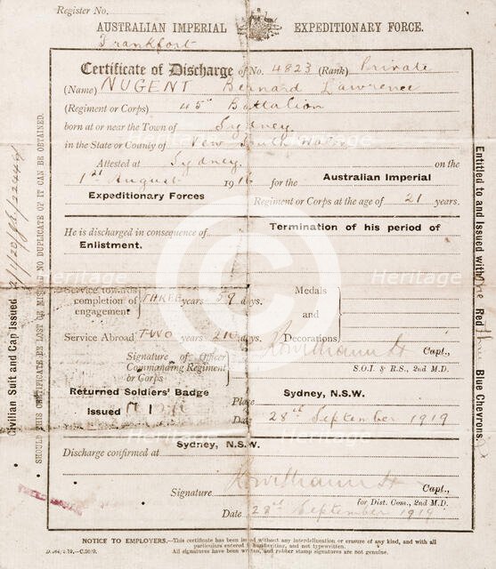 Certificate of discharge for Bernard Laurence 'Barney' Nugent, dated 28 September 1919. Creator: Murphy.