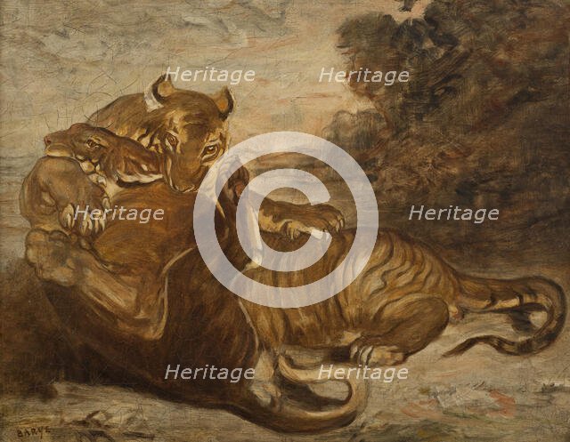 Two Tigers at Play, early-mid 19th century. Creator: Antoine-Louis Barye.