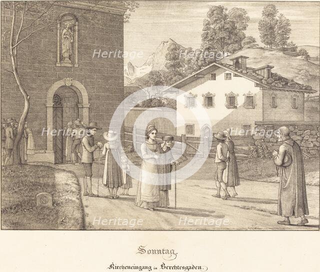 Sonntag - Kircheneingang in Berchtesgaden (Sunday - Going to Church near Berchtesgaden), 1823. Creator: Ferdinand Olivier.
