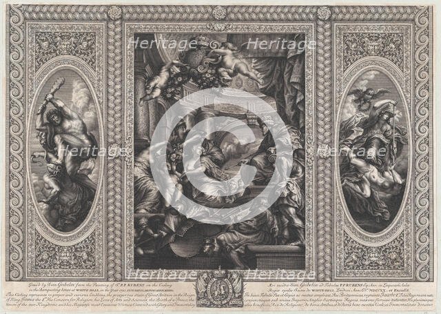 An allegorical scene showing the benefits of James' reign at center, Wise Government tramp..., 1720. Creator: Simon Gribelin.