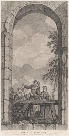 The Chapel of the Enfants-Trouvés in Paris: Religieuses et garçonnets regardant la crèche,..., 1757. Creator: Etienne Fessard.