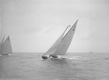 The 6 Metre Class 'The Whim' sailing close-hauled, 1911. Creator: Kirk & Sons of Cowes.