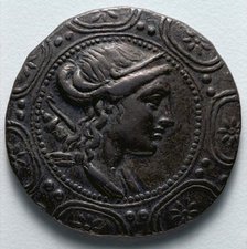 Tetradrachm: Macedonian Shield with Bust of Artemis (obverse), 158-149 BC. Creator: Unknown.