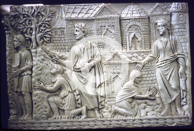 Moses Strikes the Rock, and Christ in the Garden, early Christian Sarcophagus, 4th century.  Artist: Unknown.