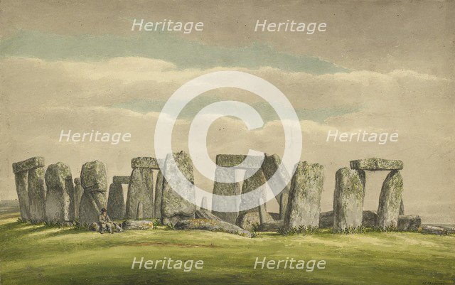 Stonehenge from the N.W., showing ruins with man and dog, 1824-1839. Artist: Henry Browne.