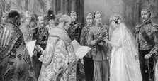 The Duke of York placing the ring on Lady Elizabeth Bowes-Lyon's finger, 26 April 1923, (1937). Artist: Unknown