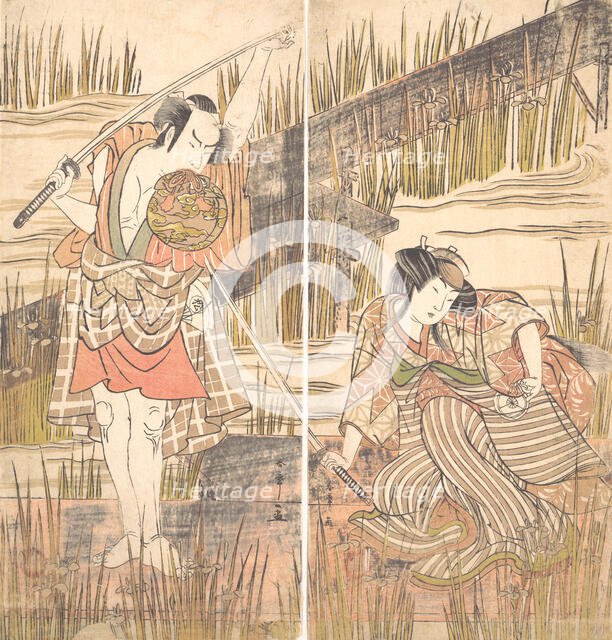 The Actor Onoye Matsusuke with Sword Held Above His Head with Both Hands, ca. 1778. Creator: Shunsho.