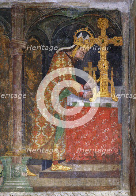 Charles IV places a splinter of the Holy Cross in a reliquary, c. 1360.