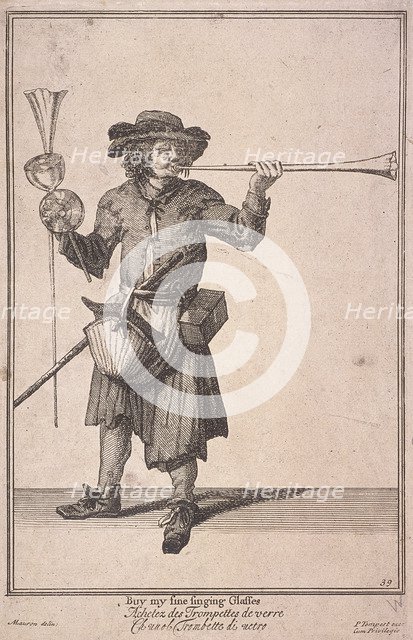 'Buy my fine singing Glasses', Cries of London, (1688?). Artist: Anon