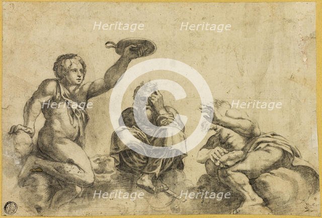 Time Seated on Clouds, Flanked by Two Other Angels, n.d. Creator: Giulio Romano.