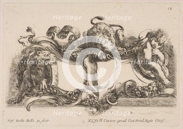 Cartouche Containing an Empty Shield Surmounted by a Lion and Framed by a Lion and a Child, 1646. Creator: Stefano della Bella.