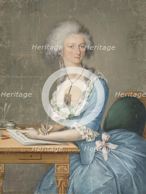 Lady sitting at the table writing, c1790. Creator: Unknown.