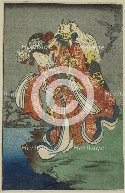Shizuka Gozen, section of a sheet from the series "A Harimaze Mirror of Joruri...", 1854. Creator: Utagawa Kuniyoshi.