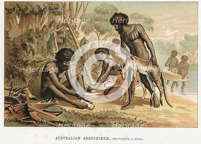 Australian natives preparing meal from an animal they have hunted, c1895. Artist: Unknown