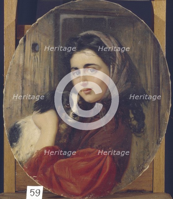 Girl With Small Dog. Artist: Makovsky, Konstantin Yegorovich (1839-1915)