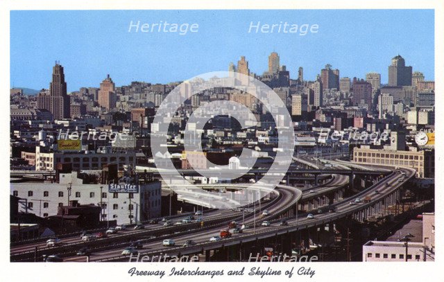 Freeway interchanges and skyline of San Francisco, California, USA, 1957. Artist: Unknown