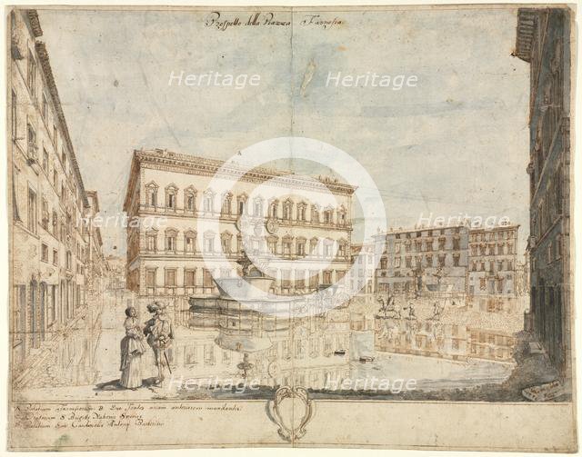 Eighteen Views of Rome: The Piazza Farnese (recto), 1664. Creator: Lievin Cruyl (Flemish, c. 1640-c. 1720).