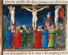 After speaking with Mary, Jesus dies while the sun eclipses, Italian miniature, 1476.  Creator: Cristoforo De Predis.