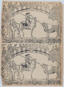Suerte II: Picador on horseback about to stab a bull with a pique; two toreros behi..., ca. 1850-80. Creator: Anon.