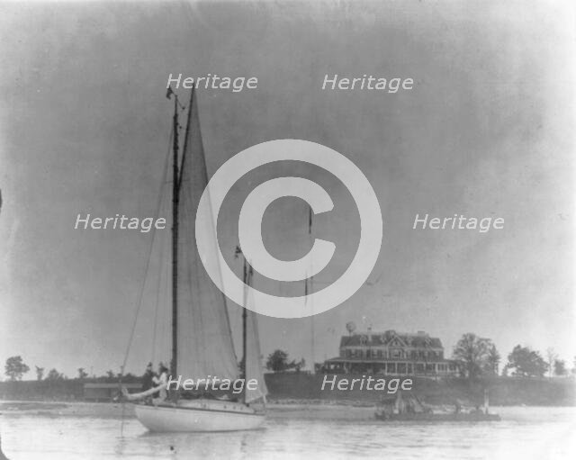 New York - Oyster Bay, Long Island Yacht Club: looking ashore past sail boat toward house, 1905. Creator: Unknown.