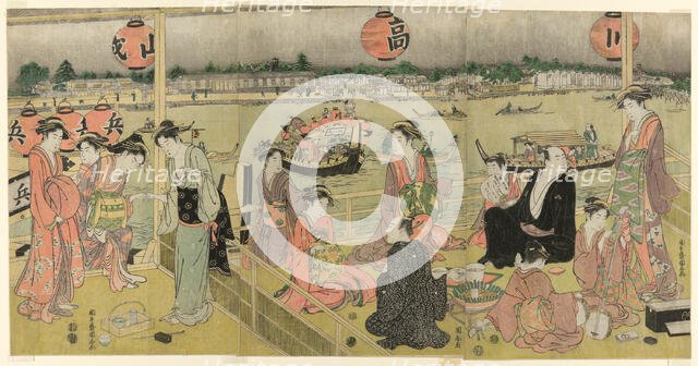 A Banquet in a Pleasure House on the Bank of the Okawa (Okawa bata giro jo no yusen), c. 1792. Creator: Angyusai Enshi.