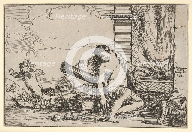 Fire, represented by Venus seated before Vulcan's forge, with armor, a cannon, and cann..., 1640-60. Creator: Giulio Carpioni.